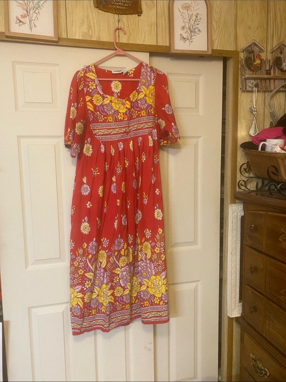 Boho Floral Midi Dress - Red with Yellow & Purple Floral Print